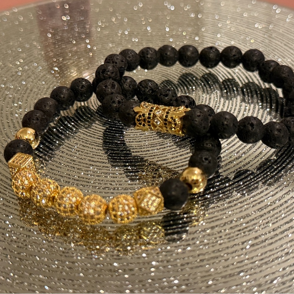 Lava Rock Black and Gold Bracelet Set-Use with essential oils